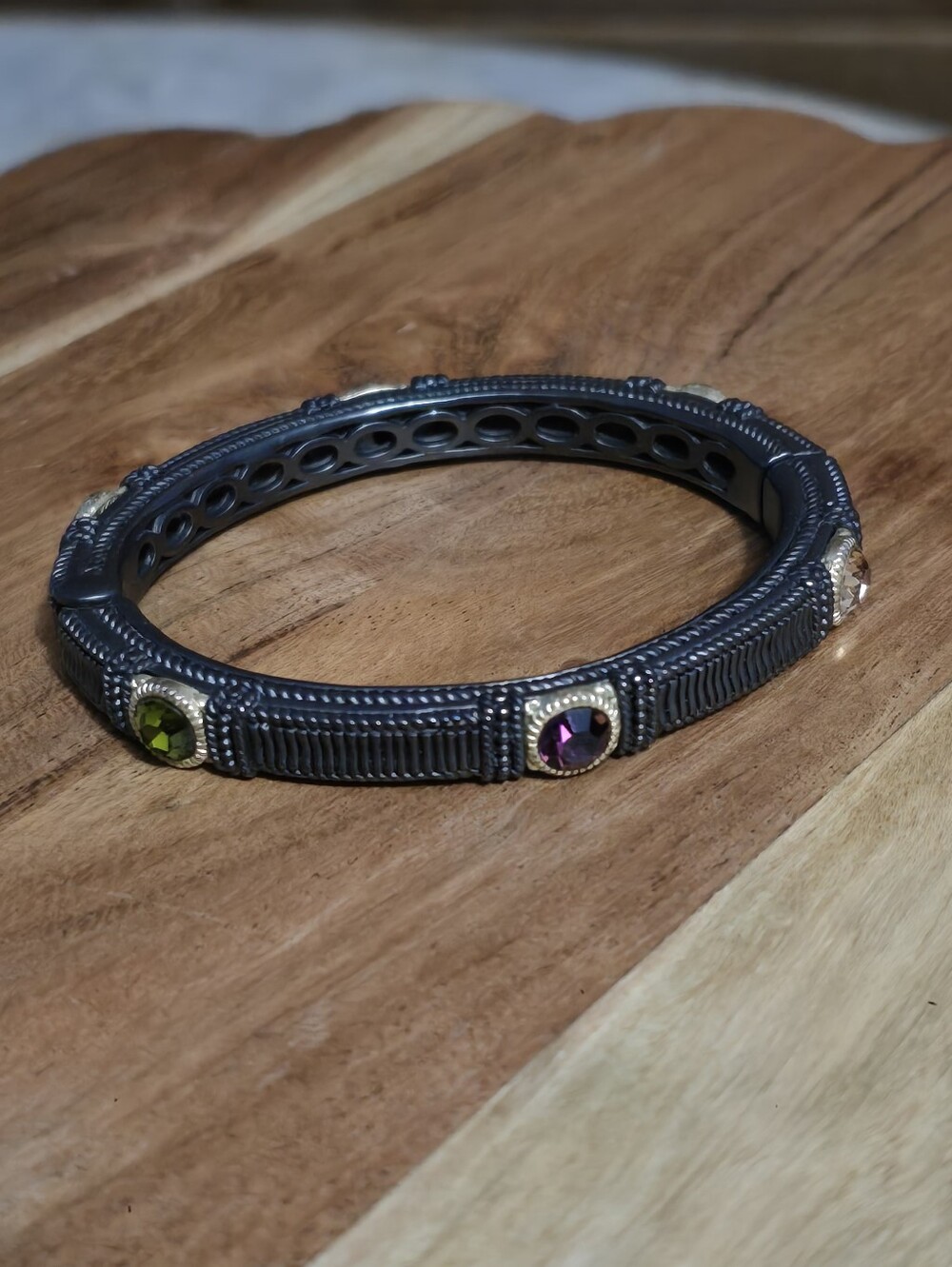 Multicolor Crystal Gunmetal Clamper Bangle Bracelet w/ Gold-tone Bezels